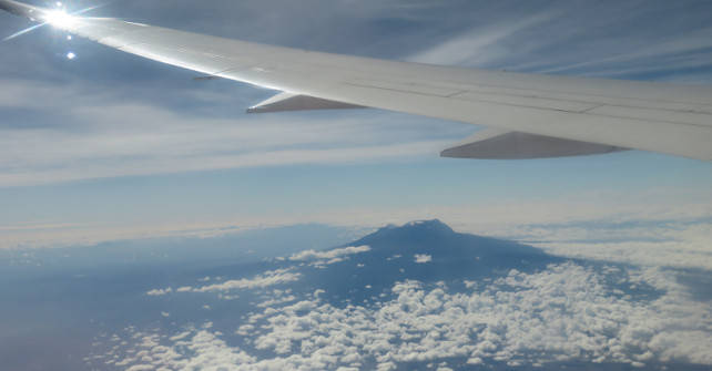 Mount Kilimanjaro below wing of Boeing 787
